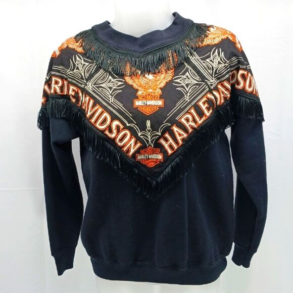 Harley-Davidson Tops - Vintage Harley Davidson Fringe Sweatshirt Black & Orange Graphic Biker Crewneck